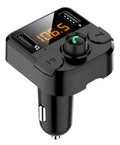 BT36B black car Bluetooth FM transmitter player with 1.1-inch screen plugged into a cigarette lighter.