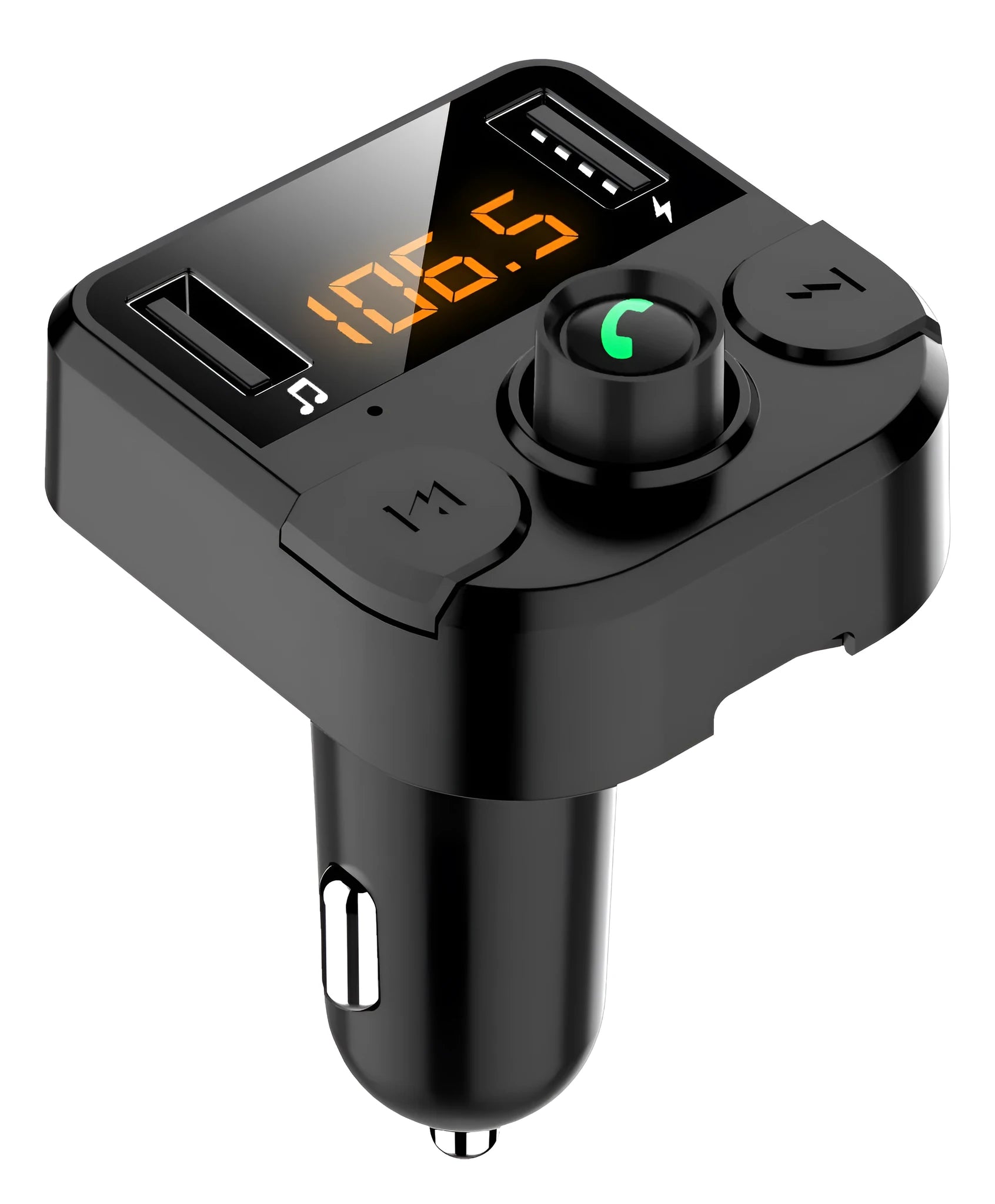 BT36B black car Bluetooth FM transmitter player with 1.1-inch screen plugged into a cigarette lighter.