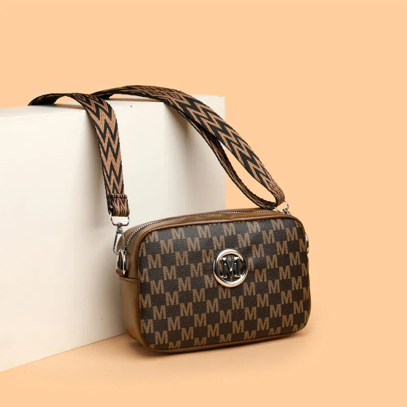 PU wide-strap crossbody bag with three-dimensional pocket in black, brown or white