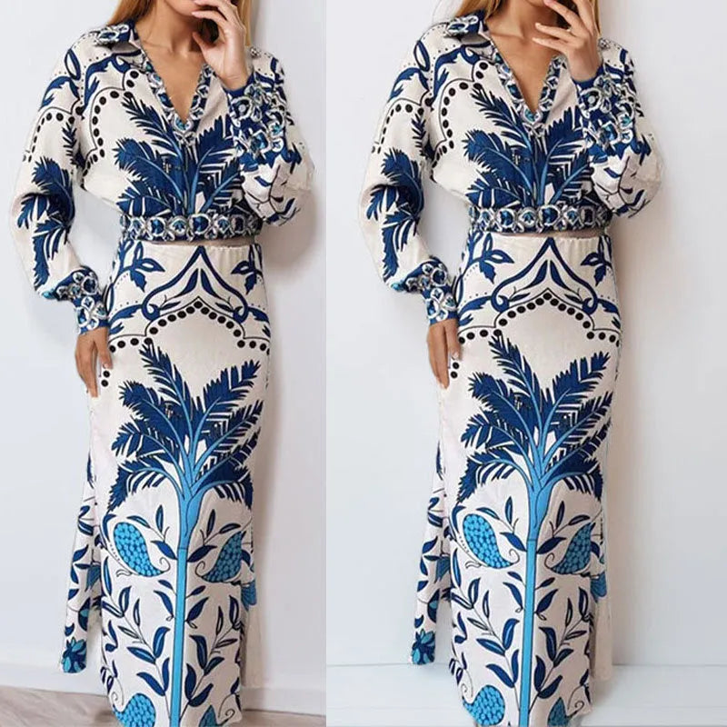 Women's casual polyester co-ord set featuring a long sleeve top and long skirt in picture colour.