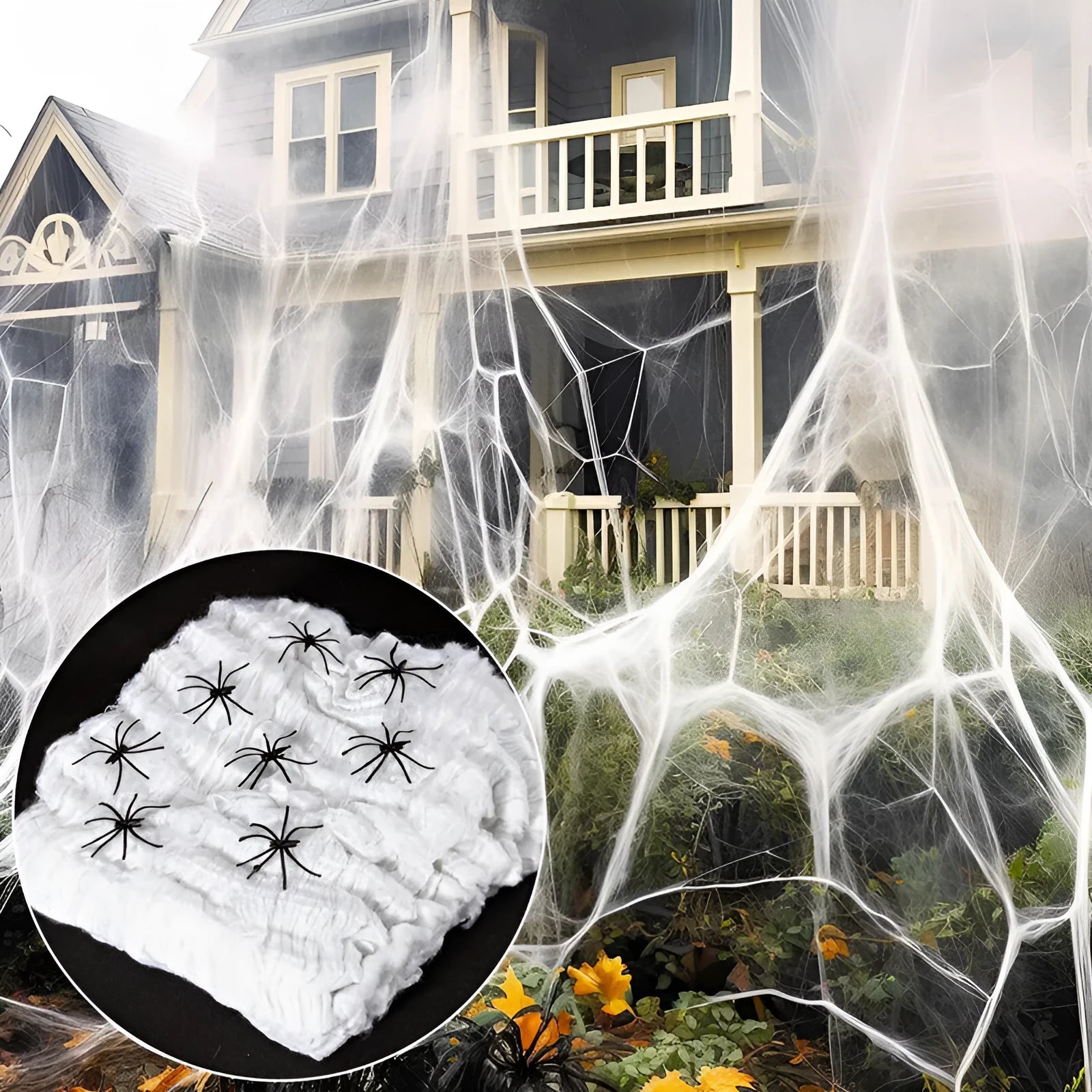 White cotton spider web Halloween decorations showing various weight packages with included plastic spiders