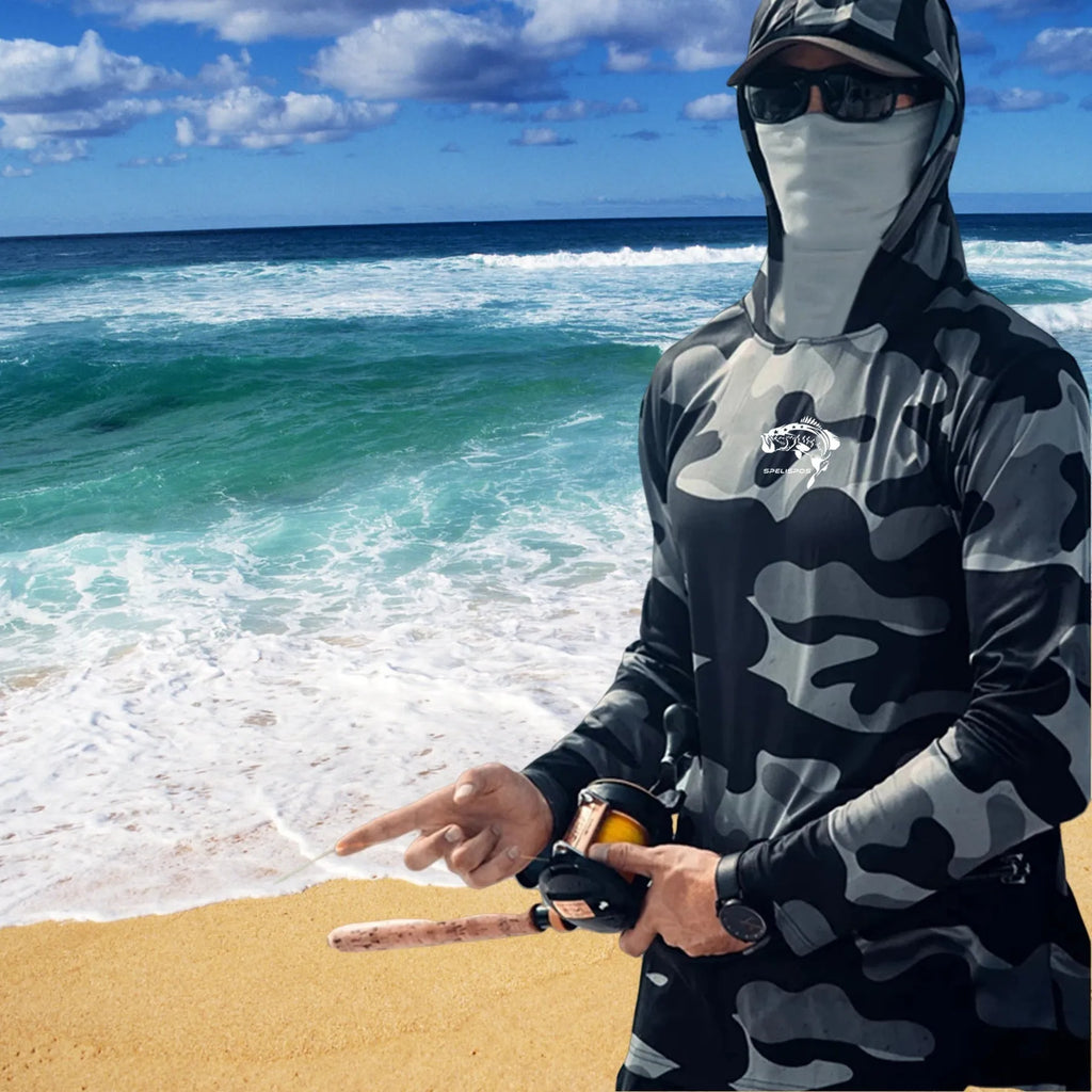 Huk men's grey long sleeve fishing hoodie showing mesh side panels and crew neck.