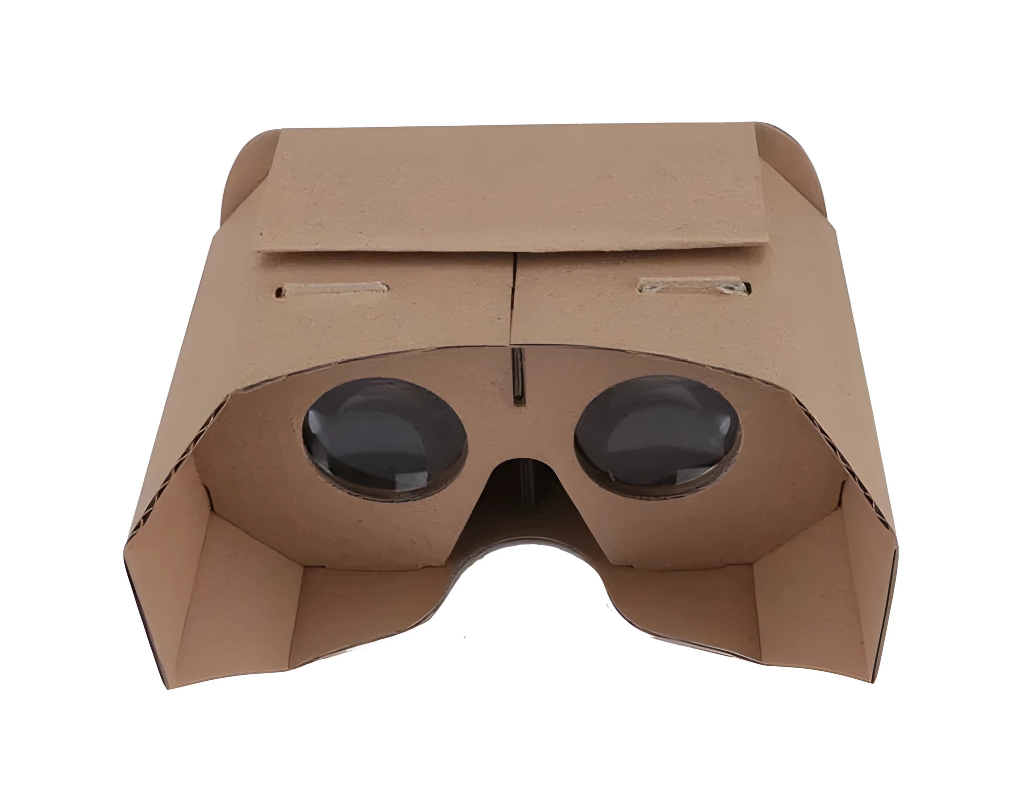 Cardboard virtual reality glasses for smartphones, showing lenses and phone slot.