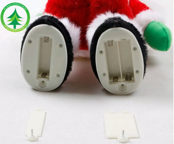 Red cloth electric Santa toy with hip-shaking motion and music, 46 cm tall, in gift box packaging