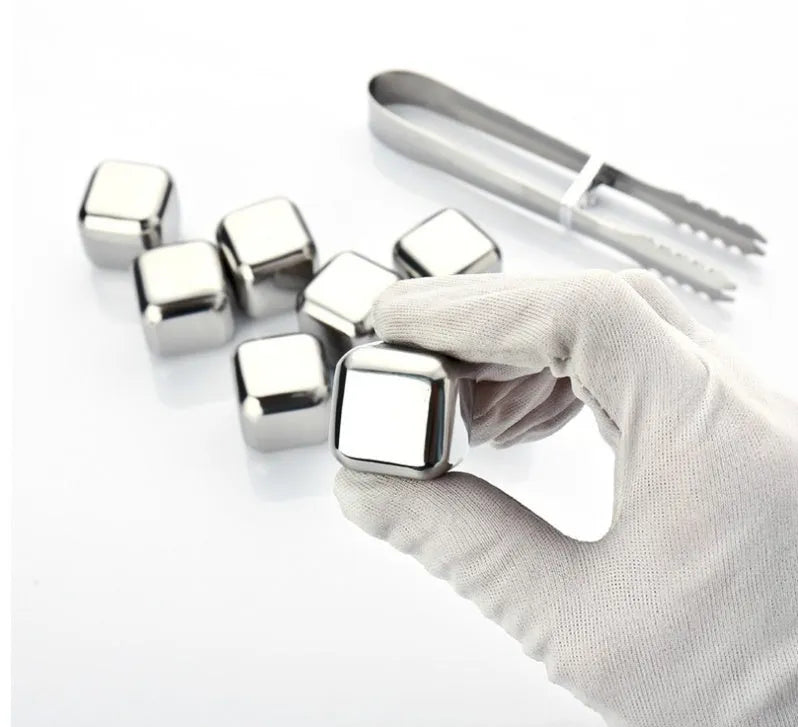 Set of 8 stainless steel whiskey chilling stones in various shapes with storage box and clip