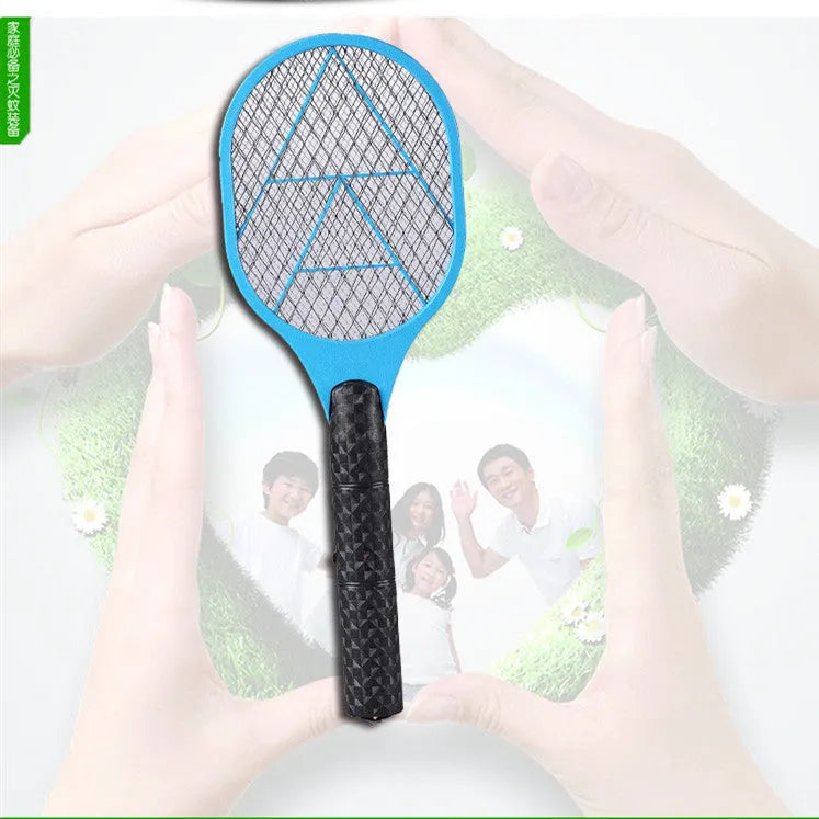 Battery electric mosquito swatter 45x16cm in blue colour on white background