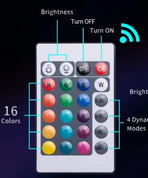 Small round remote control LED diving light for aquarium next to its multi-button remote on a table.