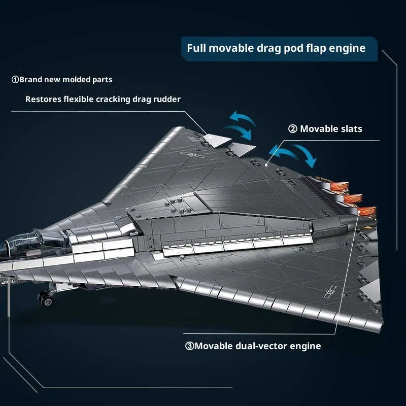 J-36 stealth fighter military model building blocks set with 1182 small plastic particles for teens 7-14.