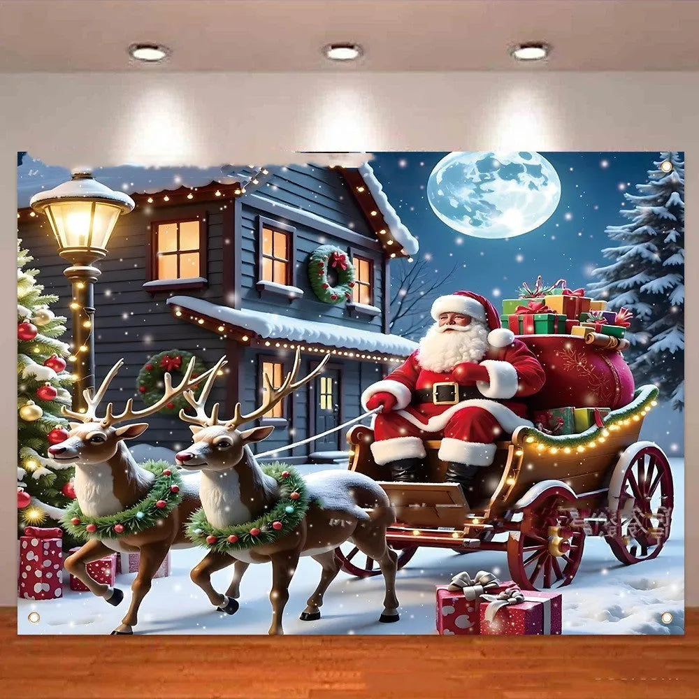 Large red Christmas banner with Santa Claus and gift design for holiday party decoration