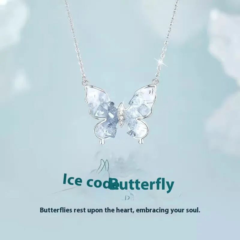 S925 sterling silver necklace with a detailed ice rain butterfly pendant on an adjustable O-ring chain.