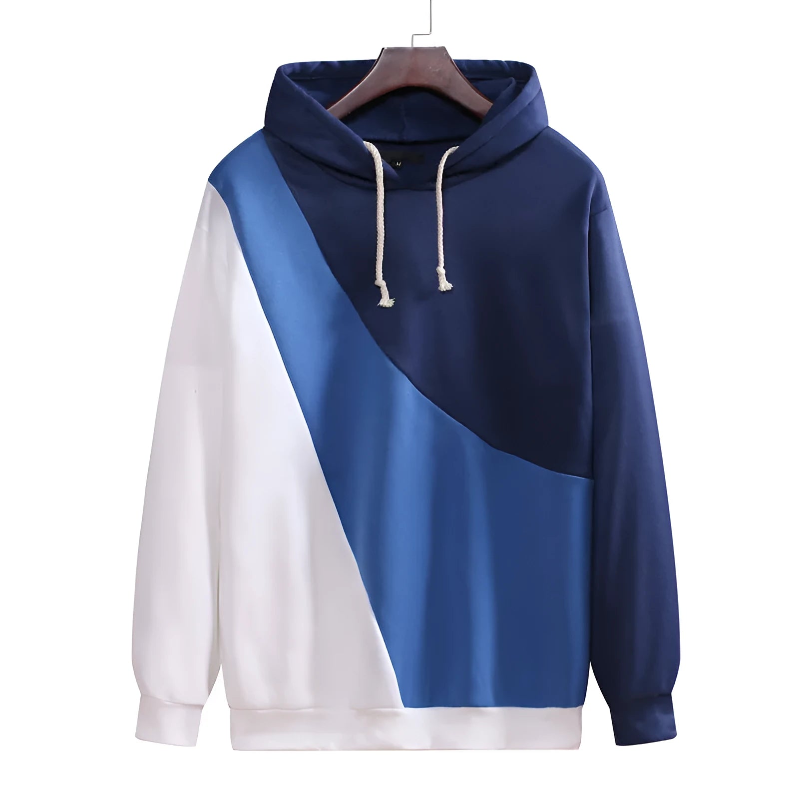 Casual men's loose hooded pullover sweater in blue-white with geometric colour-blocked stitching and save pockets