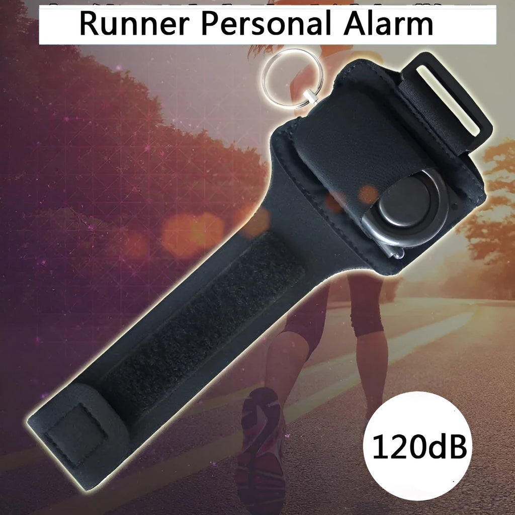Runner personal alarm with LED flashing light and adjustable wristband, black, 7.5x4x1cm