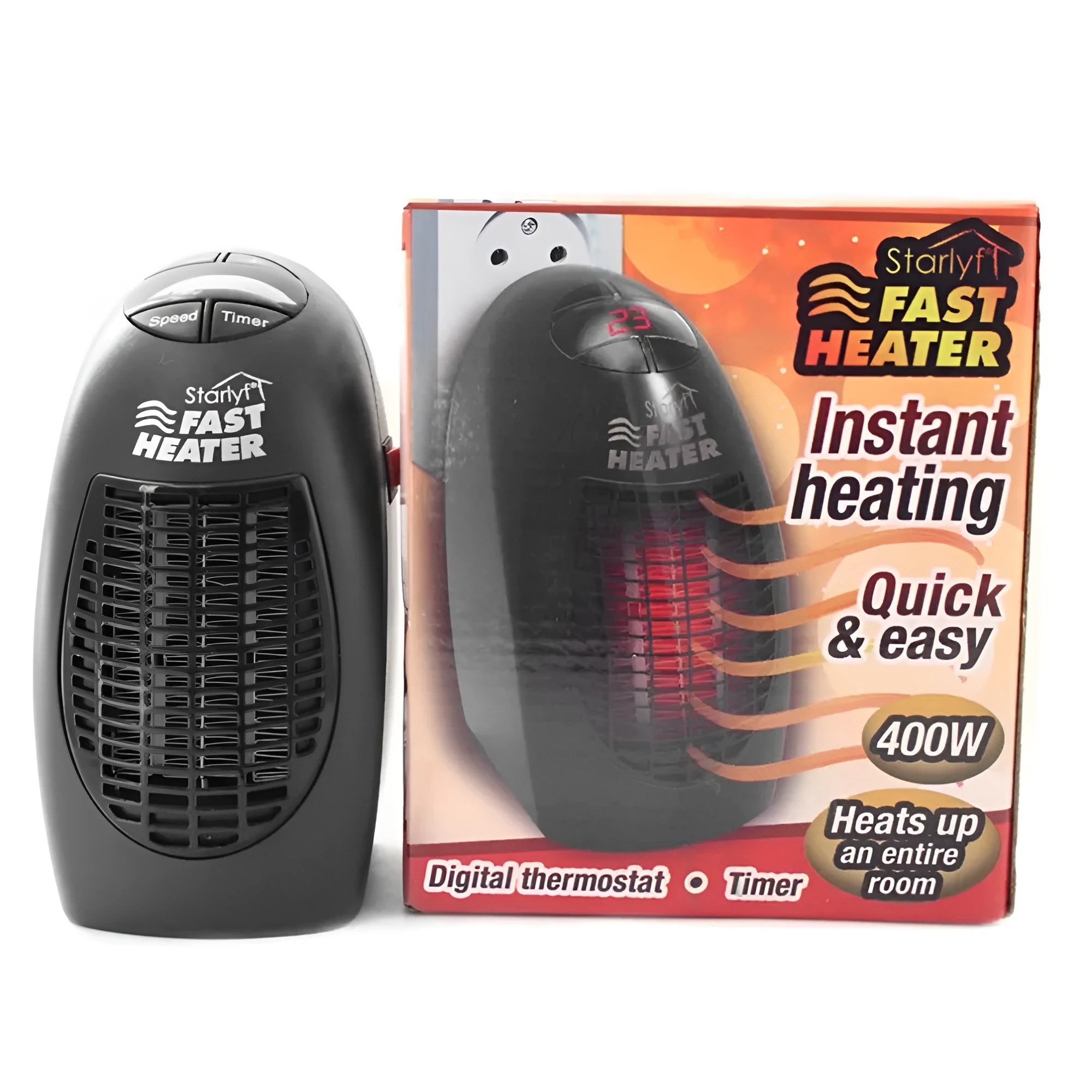 Black mini electric ceramic heater with digital display and a rotating three-prong plug on a desk.