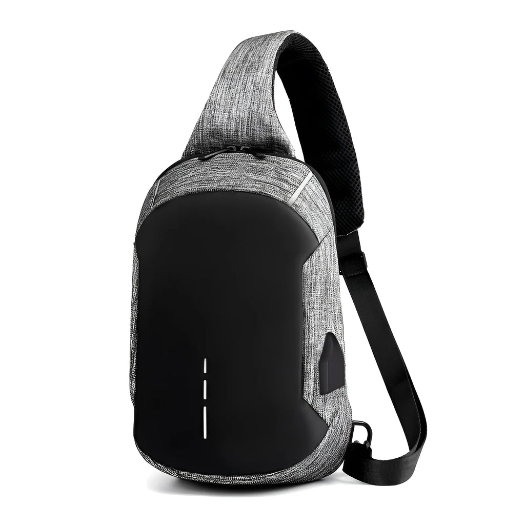 Dark blue Oxford cloth chest bag with a zip and adjustable strap, shown with a phone in its dedicated internal pocket.
