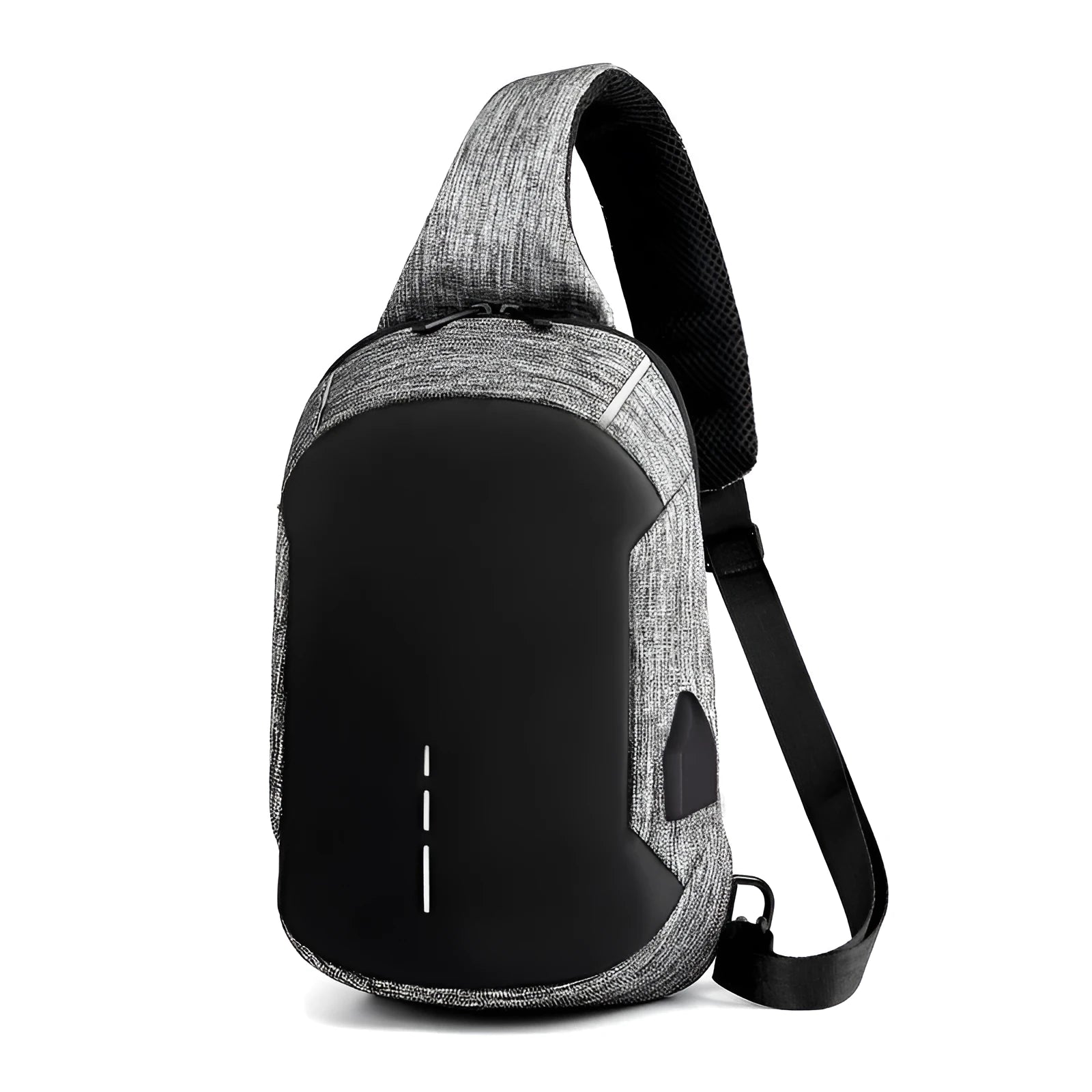 Dark blue Oxford cloth chest bag with a zip and adjustable strap, shown with a phone in its dedicated internal pocket.