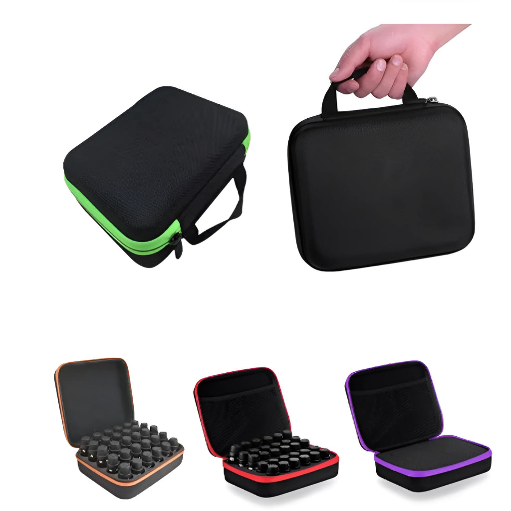 Cube-shaped EVA essential oil storage bag with 30 compartments for 15ml bottles, shown in red