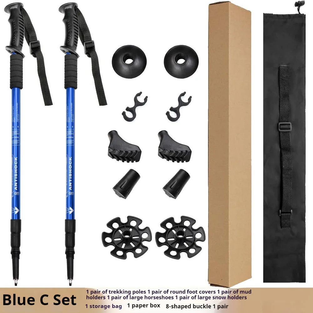 Aluminium alloy adjustable trekking pole extended to full length with mud support accessory attached