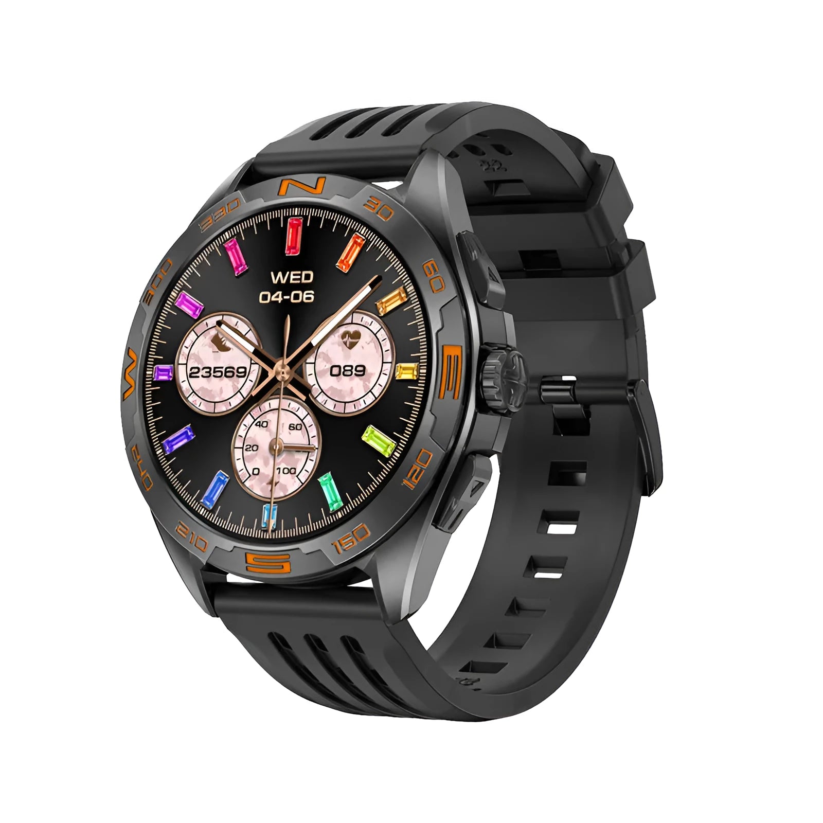 Black smartwatch on wrist showing heart rate and WhatsApp notification on its 1.8-inch screen