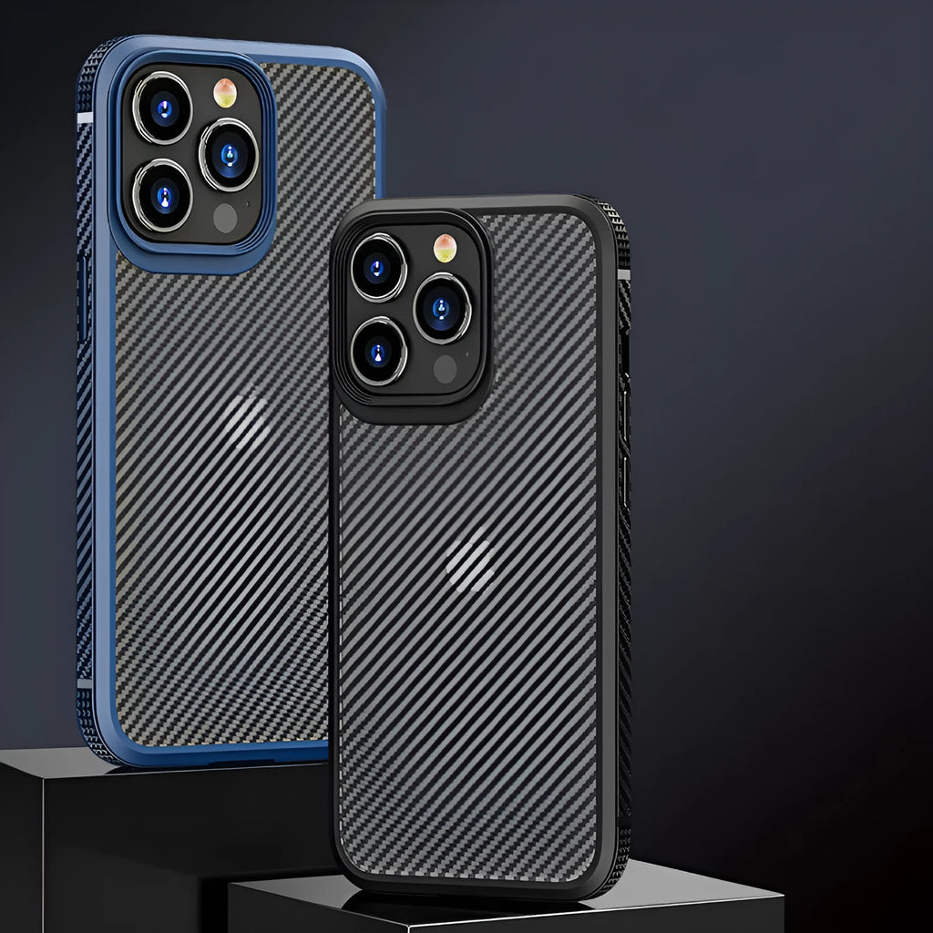 Black hybrid TPU and PC protective phone case with carbon fibre pattern for Apple iPhone 13 Pro model