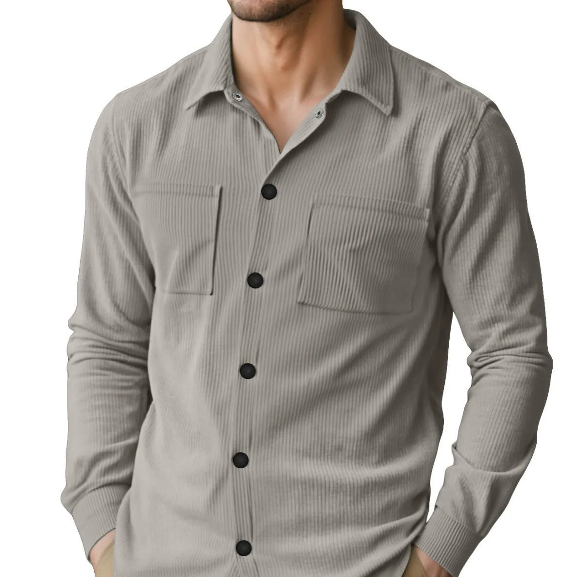 Fashion long sleeve casual lapel corduroy jacket slim fit in army green for youth
