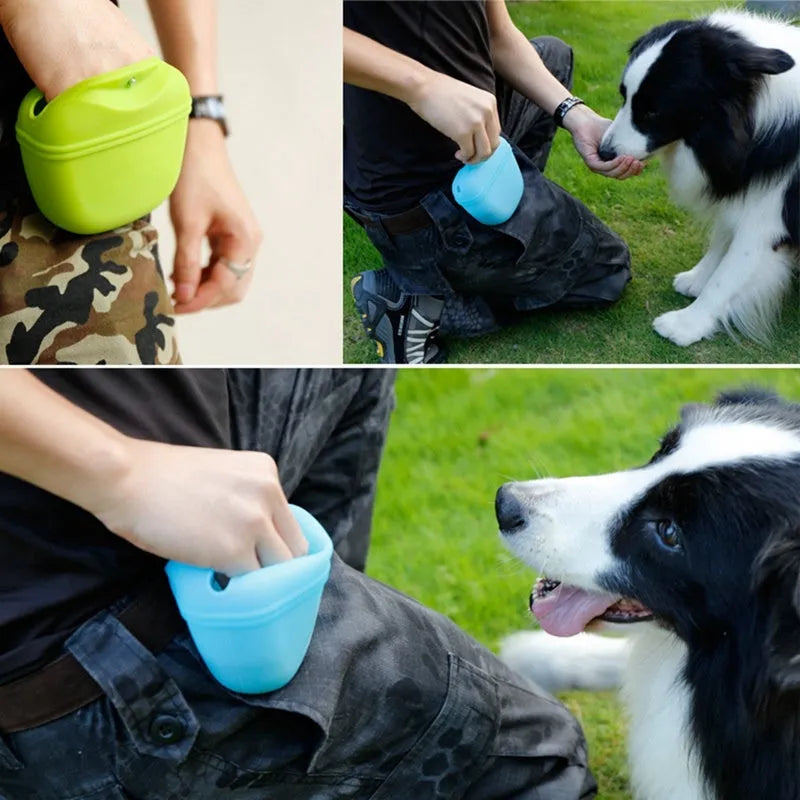 Silicone dog training treat pouch with magnetic closure and metal clip in assorted colours.
