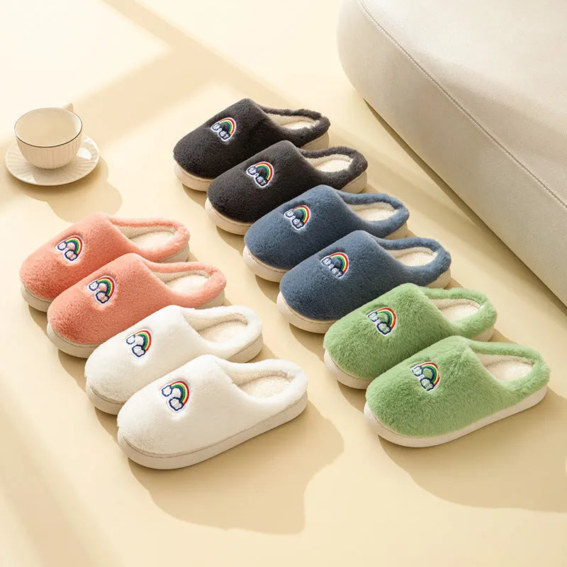 Kawaii rainbow embroidered plush slippers in white, rubber sole, wrapped toe, indoor winter wear