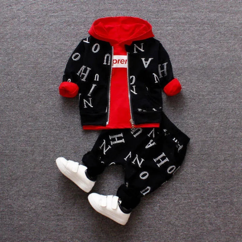 Red and white children's long sleeve clothing set, polyester and vinylon blend, shown in sizes 80cm to 110cm.
