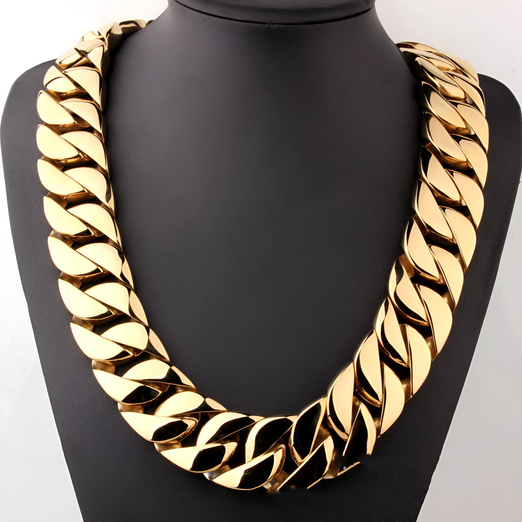 Men's gold titanium steel vacuum plating casting necklace with geometric design and whip chain on a white background