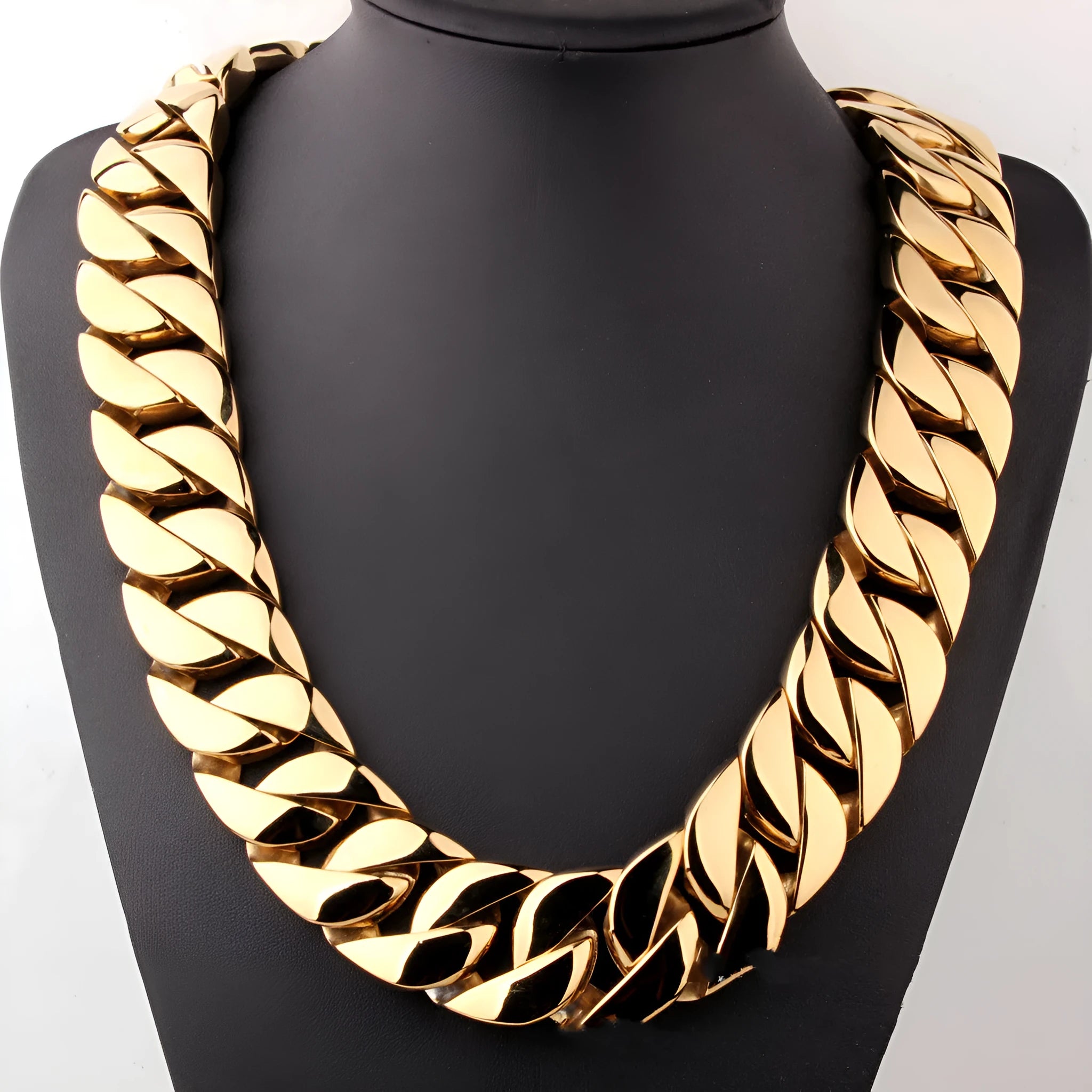 Men's gold titanium steel vacuum plating casting necklace with geometric design and whip chain on a white background