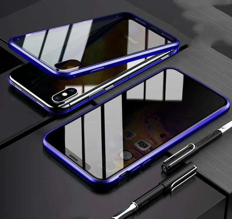 Glass clamshell anti-spy privacy case for iPhone in black, blue, gold, green, red, and silver colour options.
