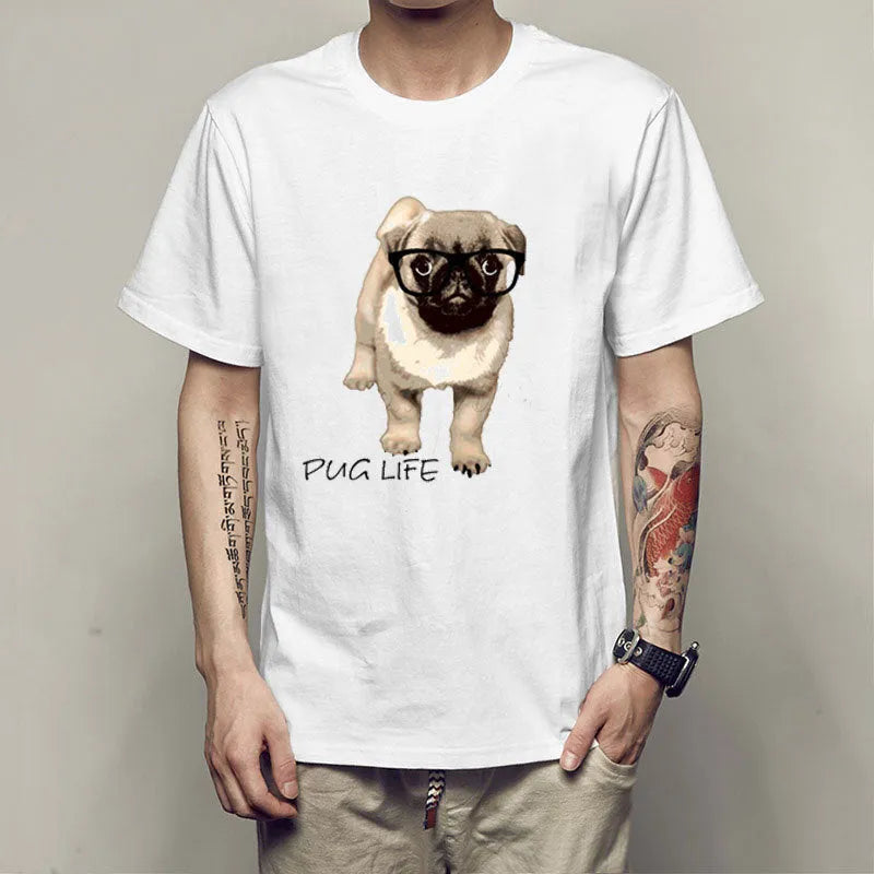 White men's short sleeve slim fit T-shirt with pug spoof print and round neck, milk silk 78% polyester