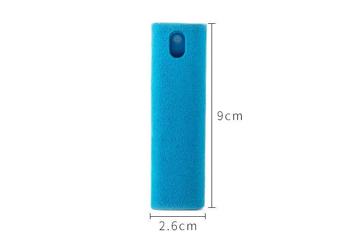 Blue LCD screen cleaner 10ml bottle with microfiber cloth on white background