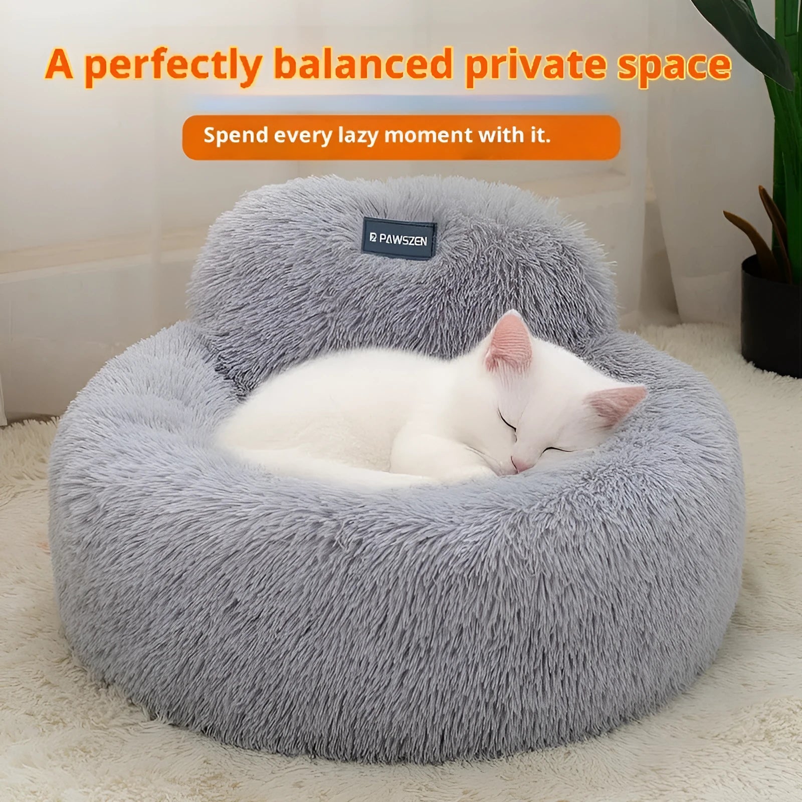 Round soft cloth cat bed with long wool backrest, 48cm diameter, light gray