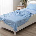 Cooling blanket in blue, grey, and pink colours on a bed, showing the polyester weave and Q-Max cooling fiber technology