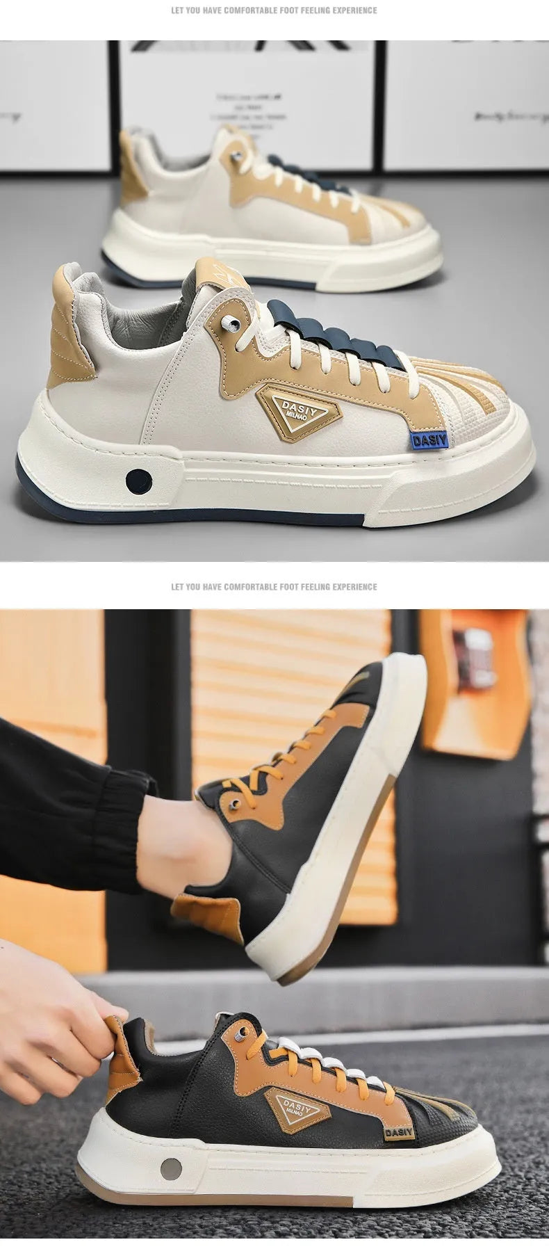 Men's beige and black low-top casual sneakers with elastic band fastening and mesh lining.