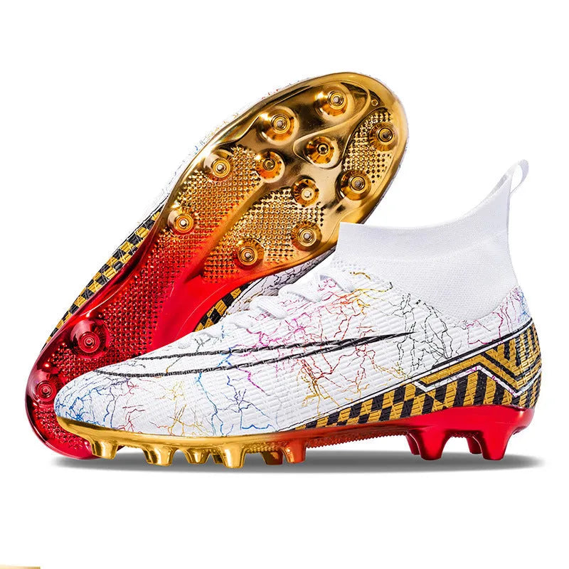 High-top football training shoes with gold-plated sole, synthetic leather upper in white, black or mandarin duck colours