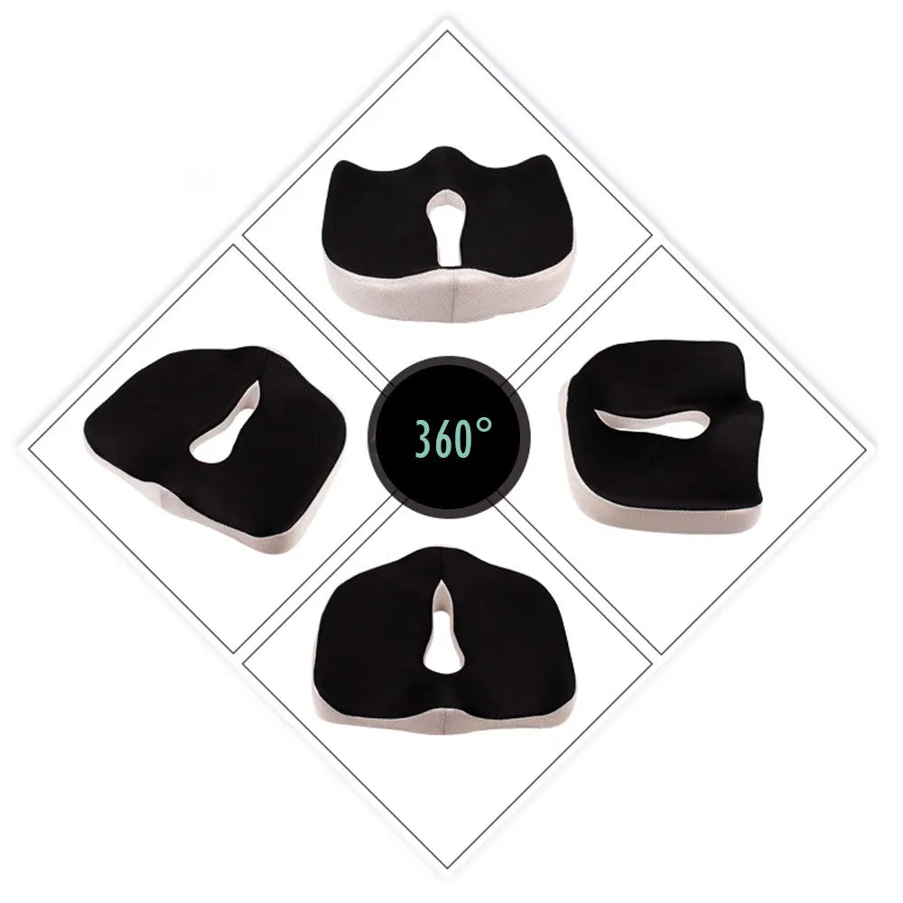 Black and grey coccyx orthopedic memory foam cushion with breathable mesh cover, 45x38x13cm