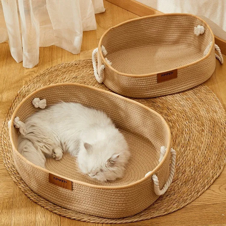 Woven cotton and linen cat nest basket, four seasons universal, medium or large, usable as cat scratch board