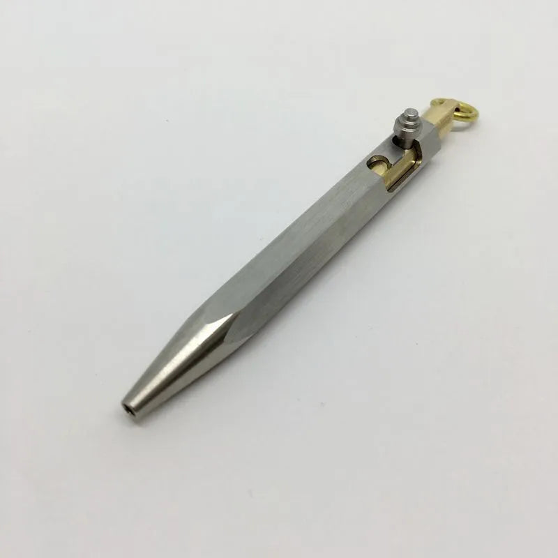 Six-sided stainless steel brass push pen with keychain attachment shown in assorted colours