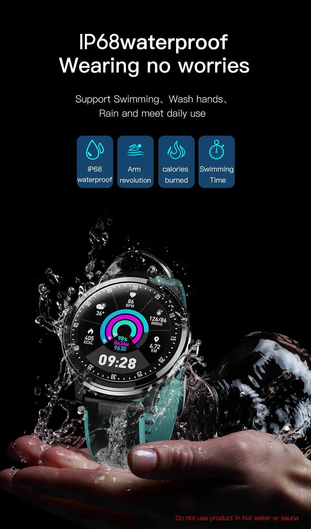 SN80 smart watch with metal body and silicone strap displaying heart rate on 1.3-inch touchscreen