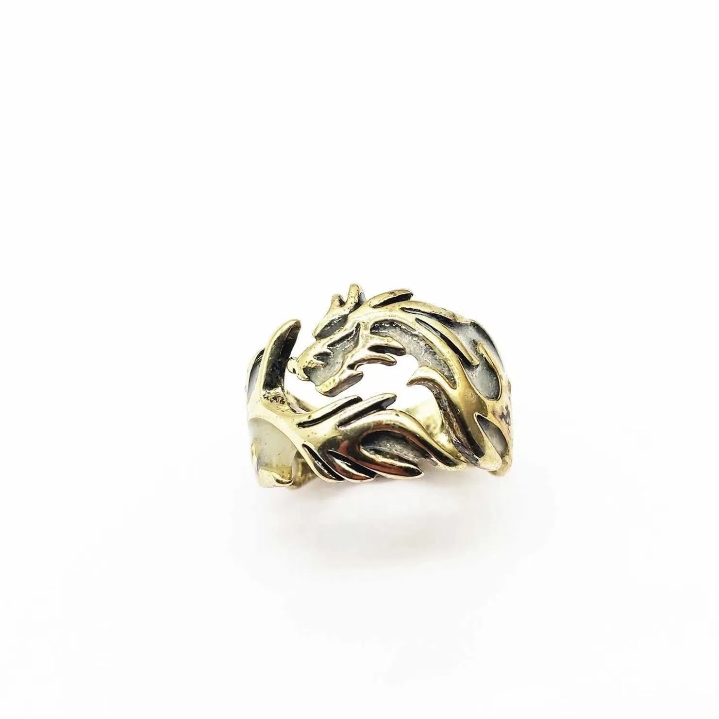 Adjustable opening Chinese style ring with luminous dragon pattern in antique silver blue and green.