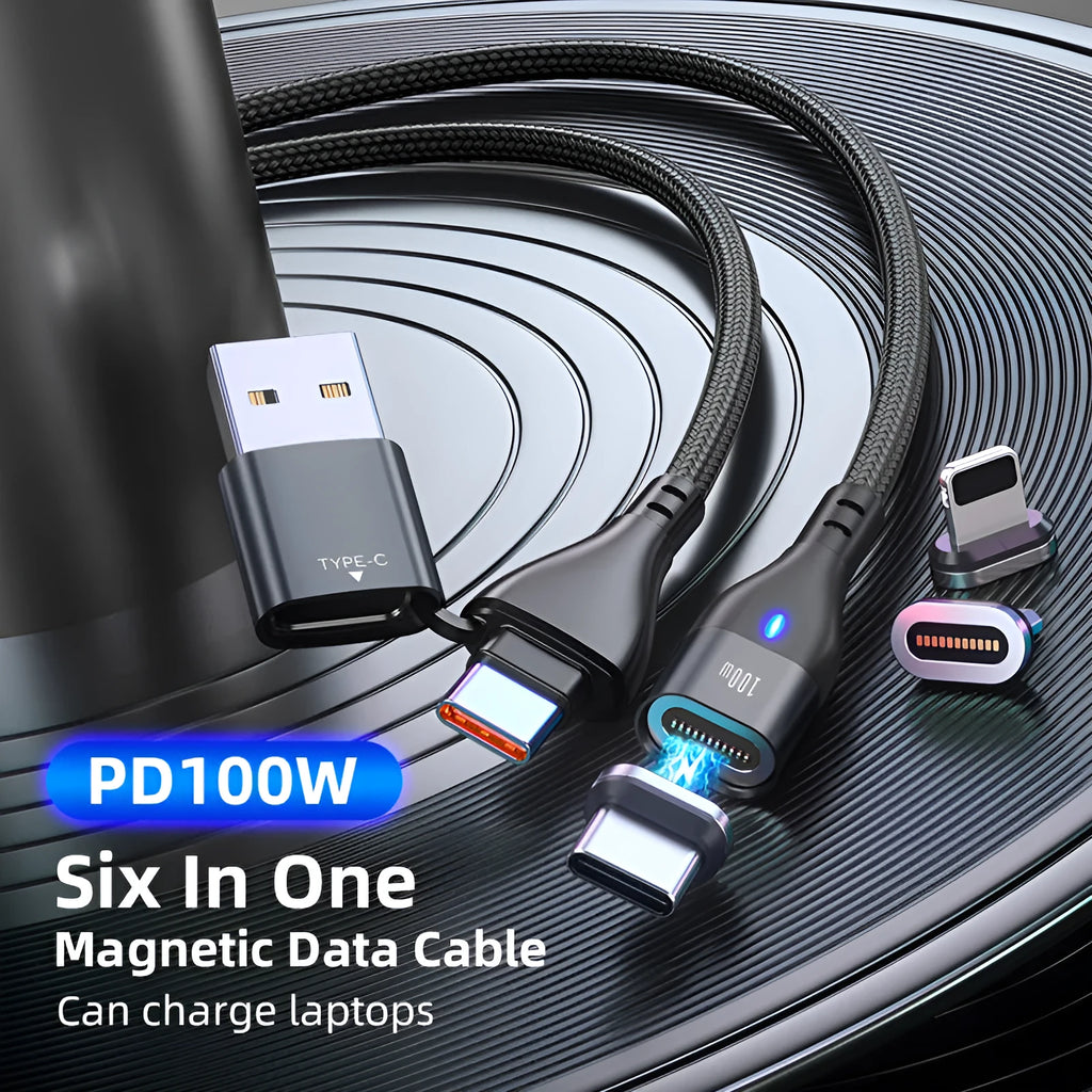 PD 100W magnetic data cable with three connectors in black on white background