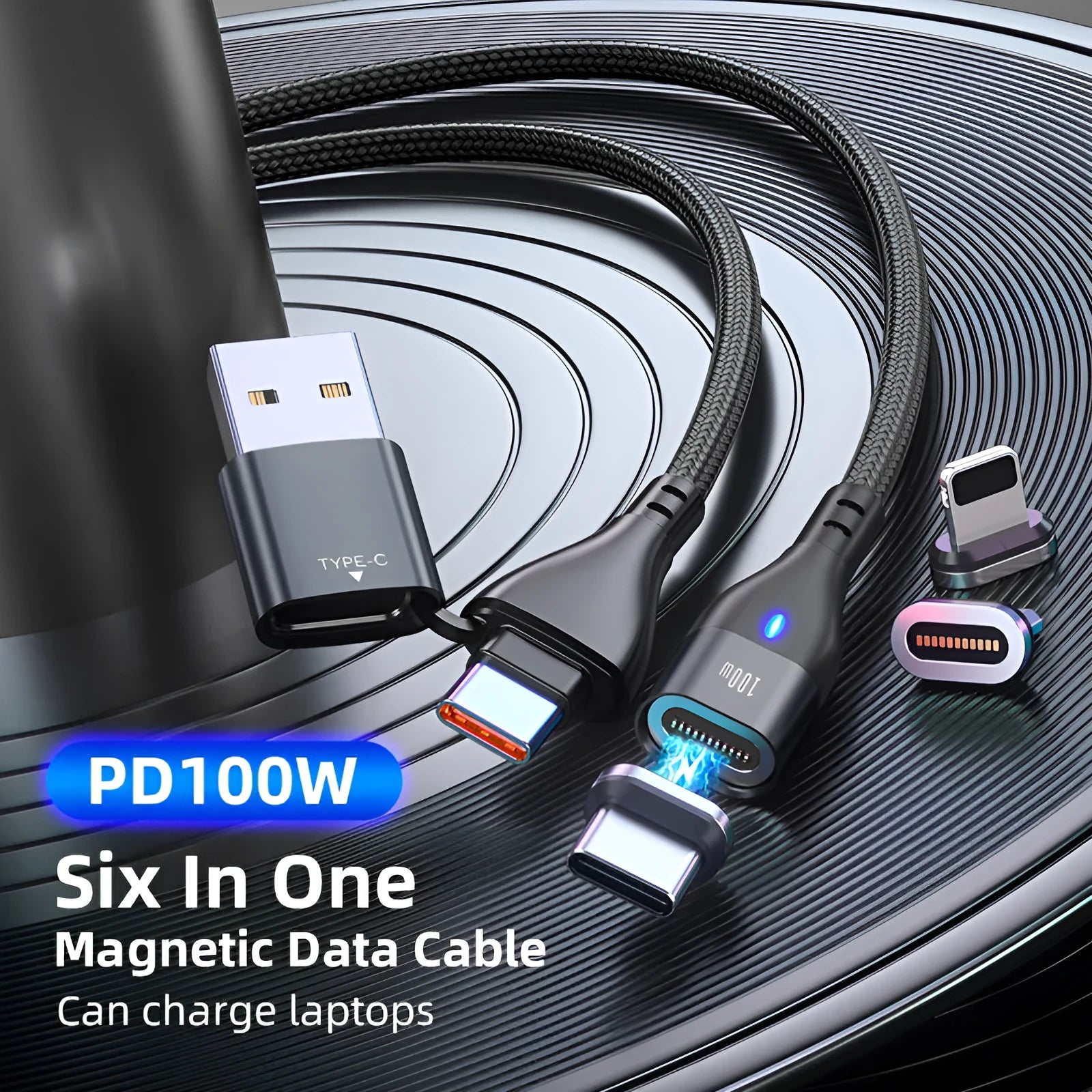 PD 100W magnetic data cable with three connectors in black on white background