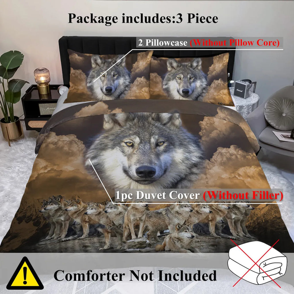 3 piece Wolf Pack duvet set in brown with 3D printed wolf design, microfiber comforter and two pillow shams