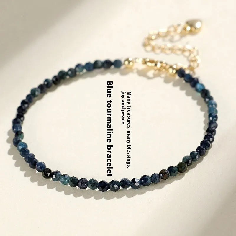 Blue tourmaline spacer bead bracelet with 3mm cut beads for women