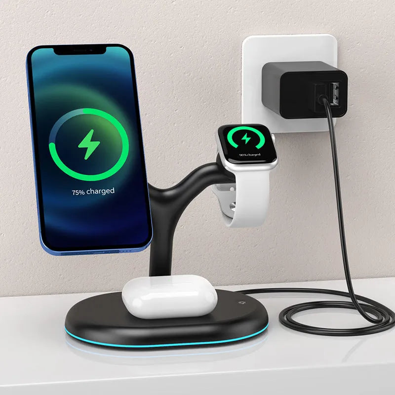 Black vertical magnetic three-in-one wireless charging stand with phone attached and watch charger folded out.