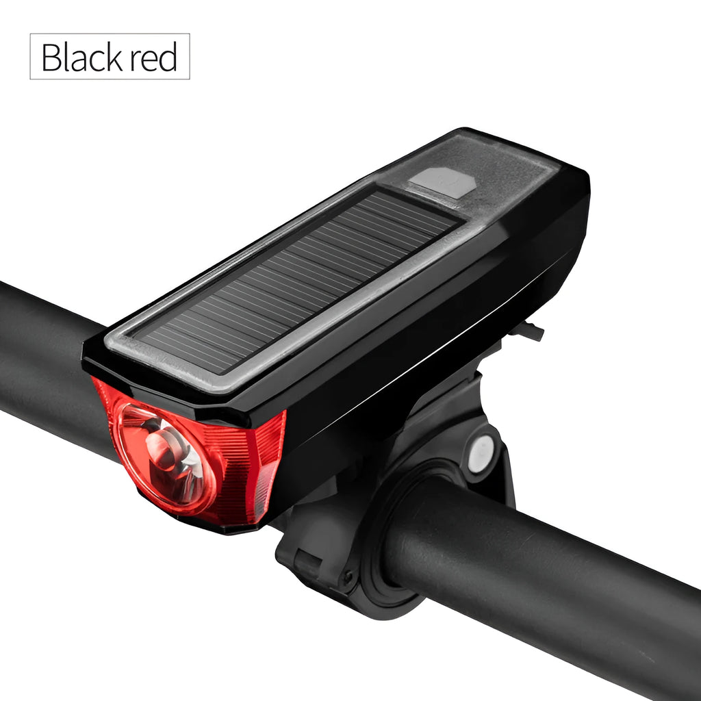 Solar horn light with T6 lamp beads and 2000mAh battery in black red colour, 107x40x35mm