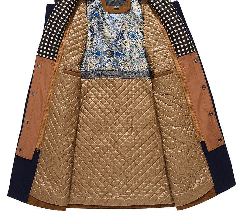 Men's woollen overcoat in khaki, navy or black with double collar and patch pockets, sizes L to XXXXL