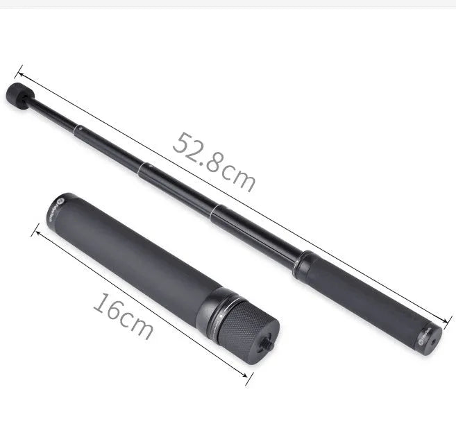 Black retractable aluminium selfie stick extended to its full 1-metre length with a universal phone mount attached.