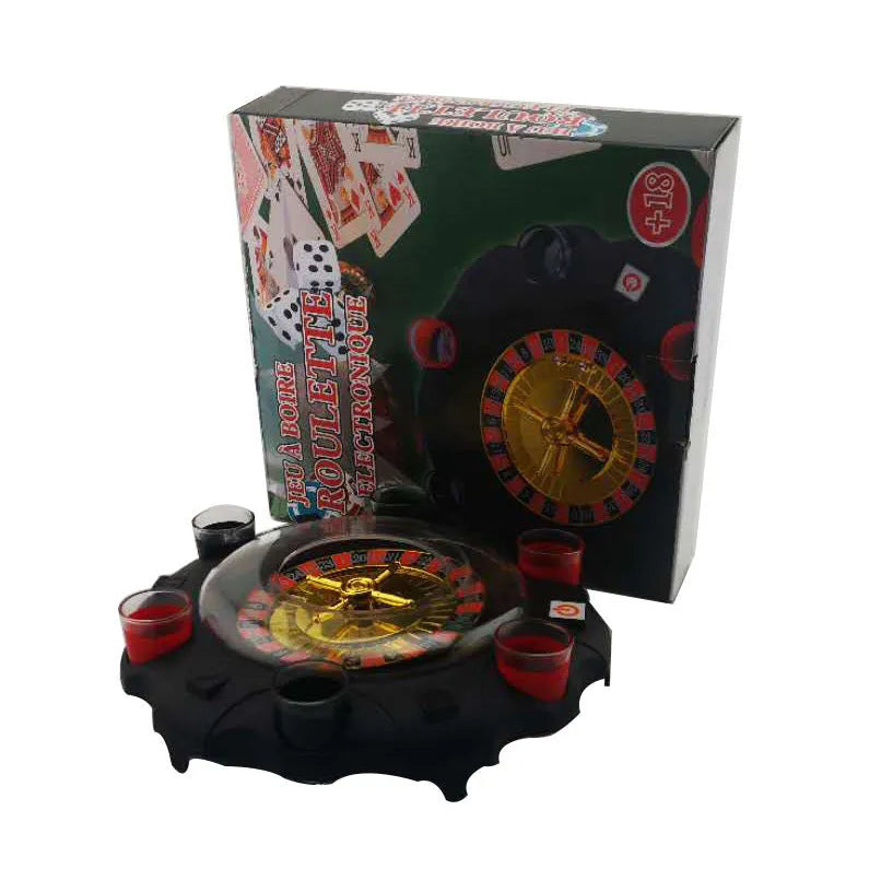 Electric roulette drinking game set with acrylic turntable, two steel balls and six red and black numbered shot glasses